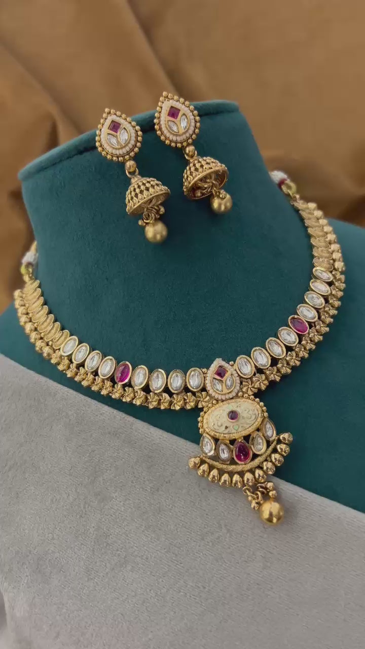 Antique Kundan Choker Set with Jhumka Earrings & Statement Pendant